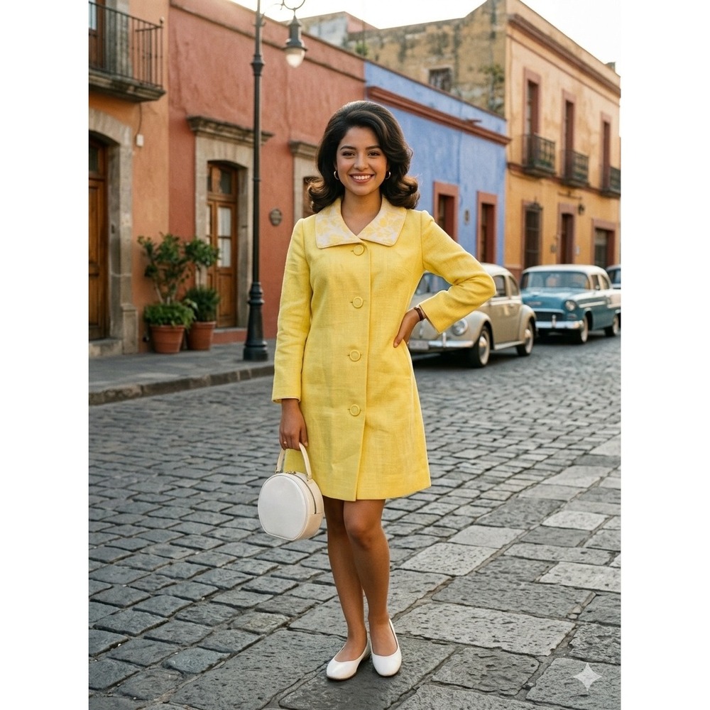 Vintage 60s Mod Coat Dress Women Small Yellow Excellent Floral Collar Retro